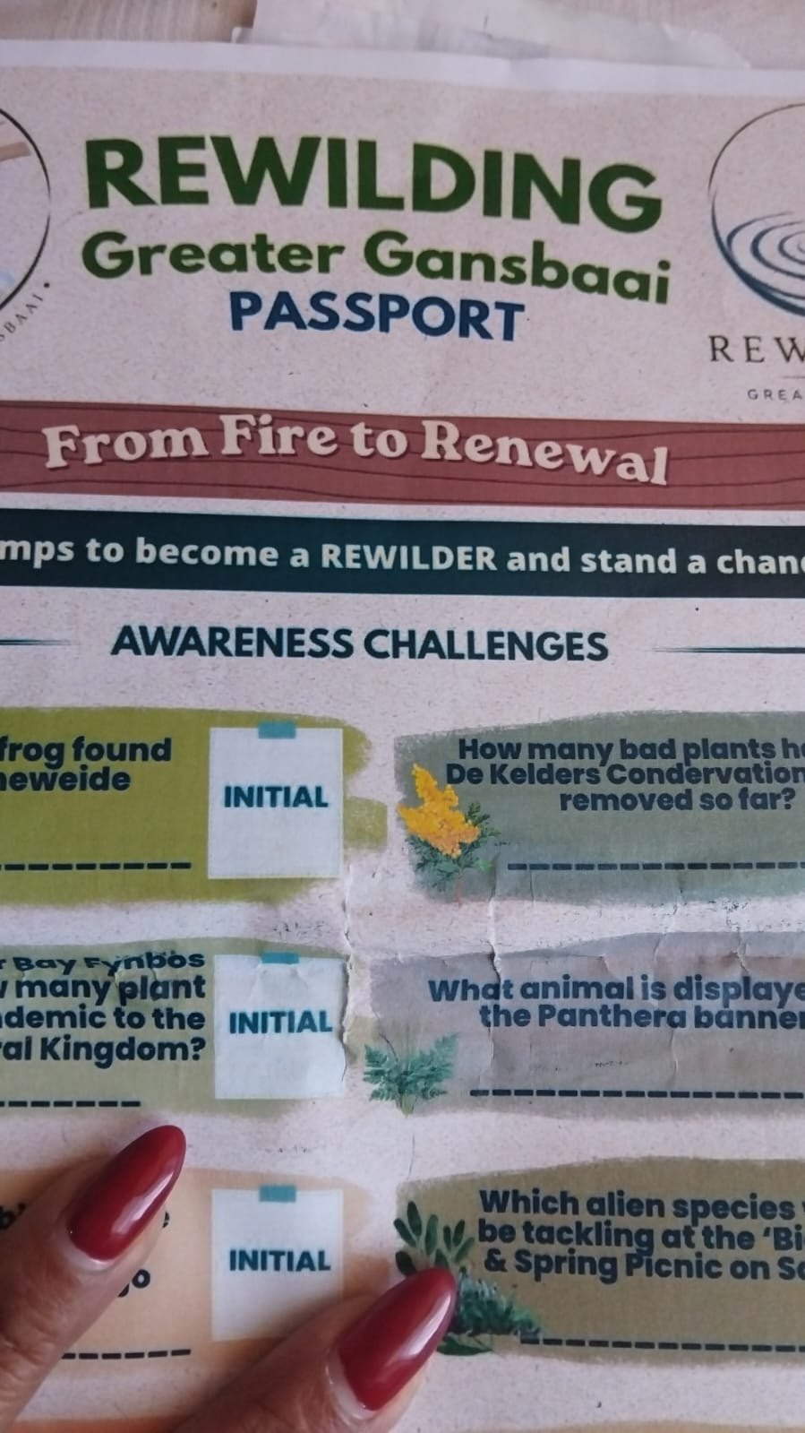 Rewilding Greater Gansbaai passport featuring awareness challenges