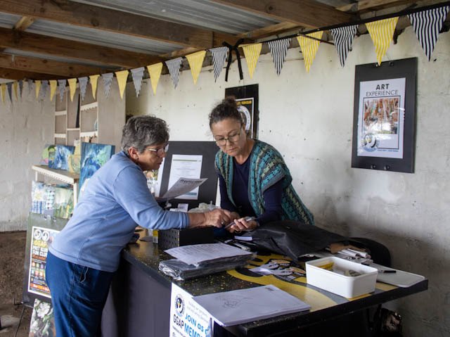 Festival volunteers welcoming visitors to the art experience